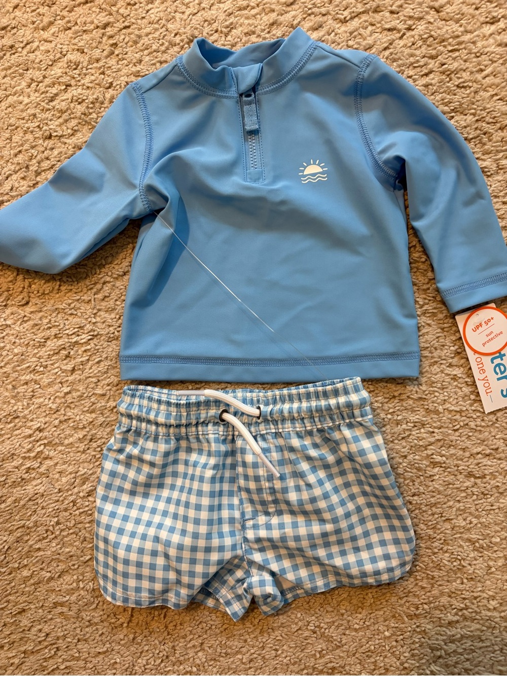 NWT Carter's Light Blue Long-Sleeve Rashguard with Blue Gingham Swim Trunks